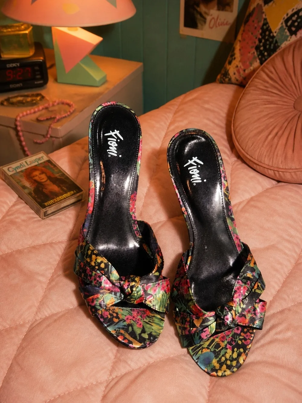 Fioni vintage Y2K floral knotted satin slip-on kitten heel mules.